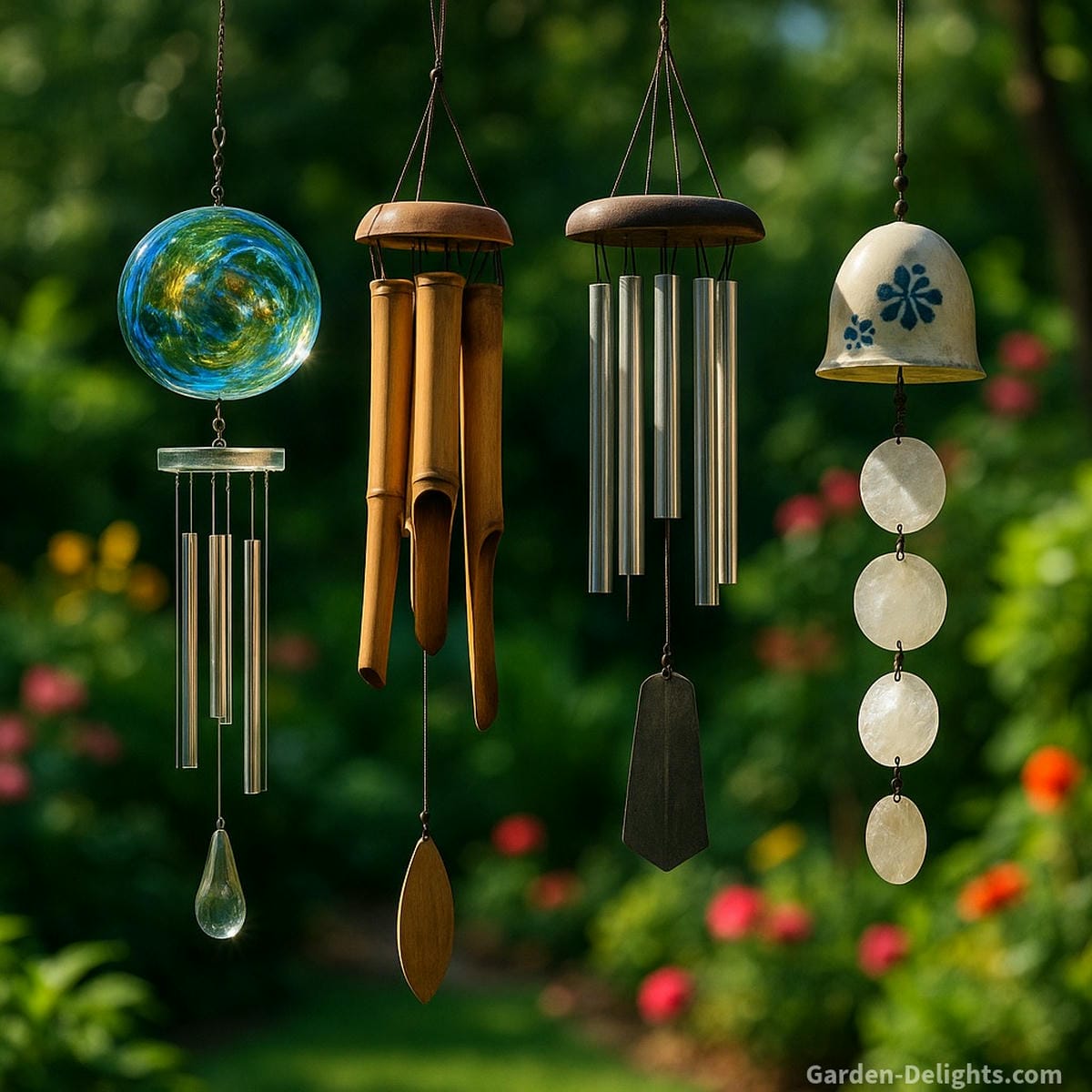 Glass, bamboo, metal, Capiz, and ceramic wind chimes arranged in a vibrant garden setting showcasing artistic light reflection, natural sound tones, spiritual symbolism, and decorative healing uses for patios, memorials, and sacred indoor spaces