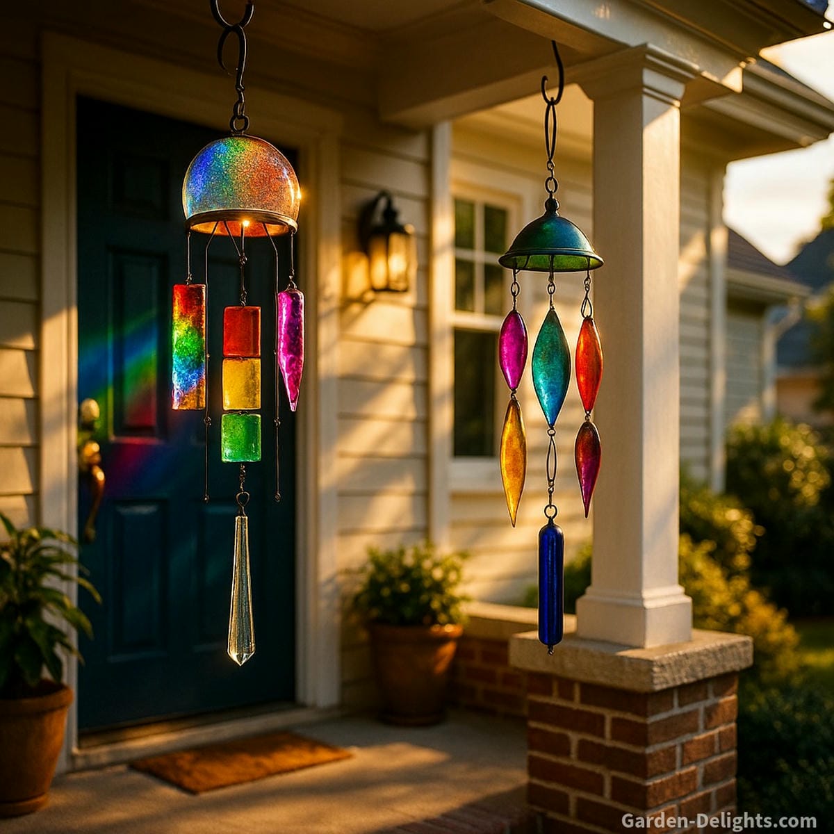 Stained and rainbow glass wind chimes glowing under sunlight on a Feng Shui balcony and front entry corner symbolizing wealth, love, and Chi energy flow