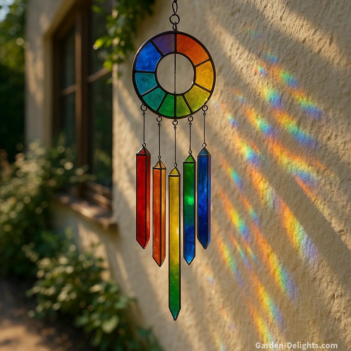 Best rainbow glass wind chimes for meditation rooms and Feng Shui gardens chakra-aligned prisms casting rainbow light and healing sound