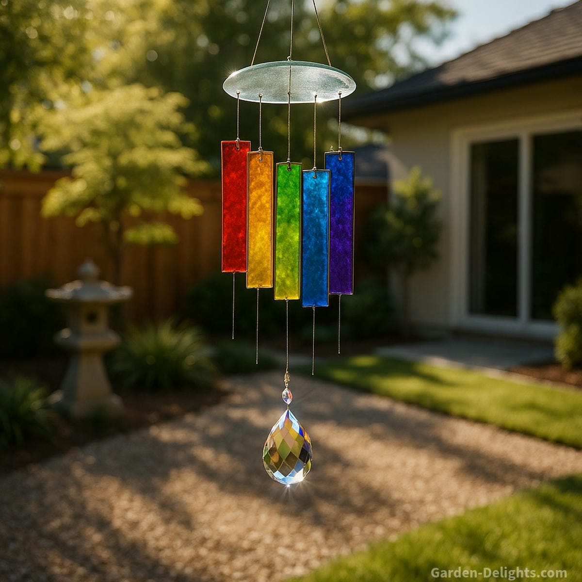 Handcrafted rainbow glass wind chimes glowing in sparkling backyard sunlight symbolizing chakra balance, emotional clarity, and Feng Shui harmony in modern garden décor
