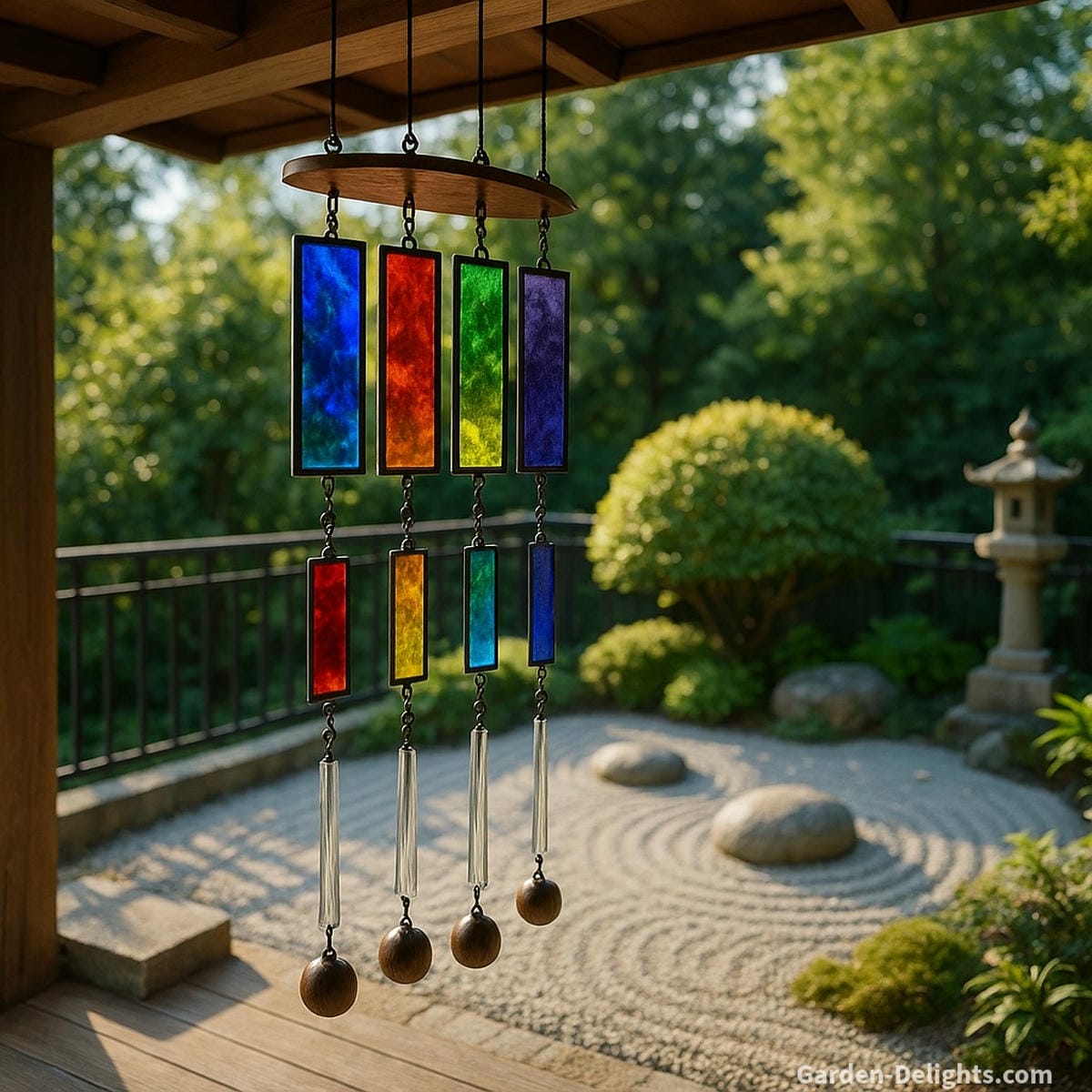 Glass wind chimes hanging in a serene balcony nook and Zen-inspired garden stained-glass panels catching sunlight, echoing soft tones, and symbolizing peace, protection, and artistic balance