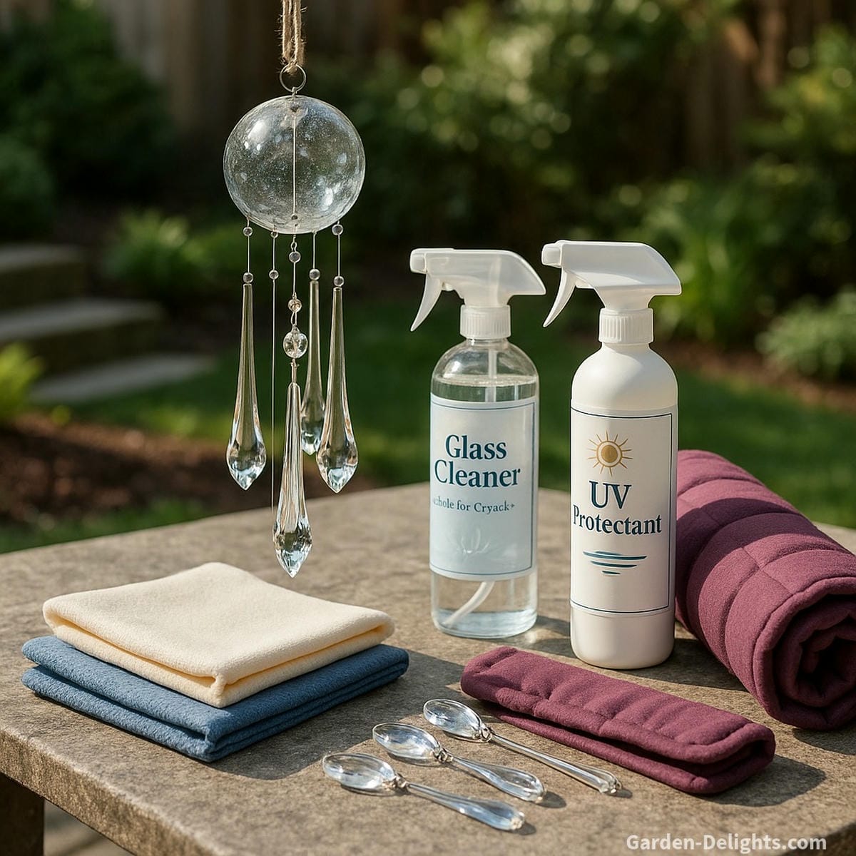 Glass wind chime cleaning tools on a patio workstation soft cloths, crystal-safe sprays, UV protectants, and padded storage wraps for preserving light resonance and clarity