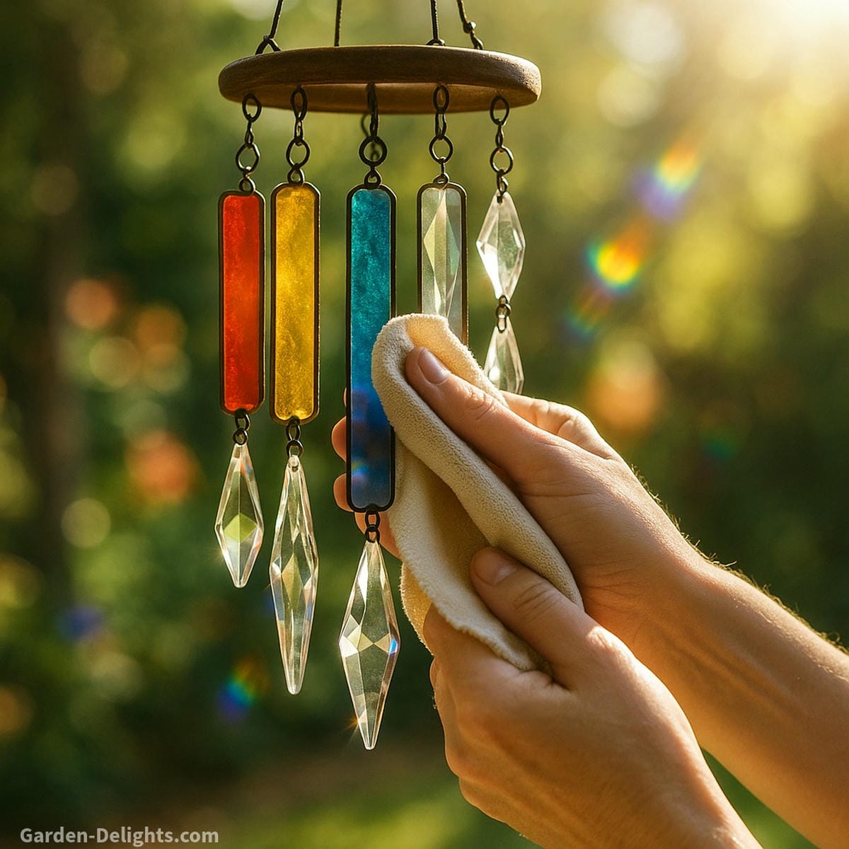 Gently cleaning glass wind chimes in sunlight soft cloth polishing stained-glass and prism panels to maintain sparkle, sound clarity, and symbolic light energy