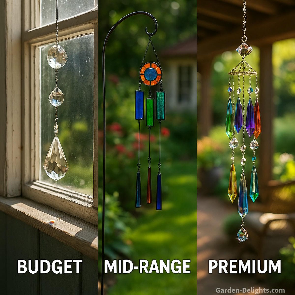 Glass wind chimes shown in cost tiers budget prisms on windows, mid-range stained glass in gardens, and premium rainbow prisms on patios highlighting symbolic resonance, spiritual gifting, and decorative placement