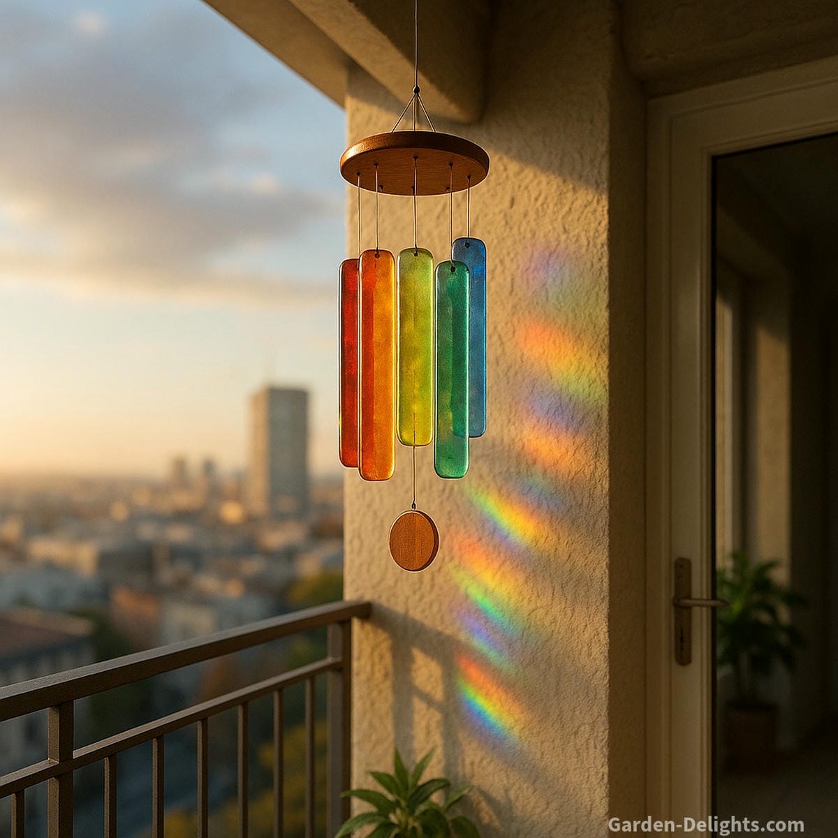 Glass wind chimes glowing in a Feng Shui balcony and front entry corner sunlight refracting through colorful glass, guiding Chi energy and emotional resonance