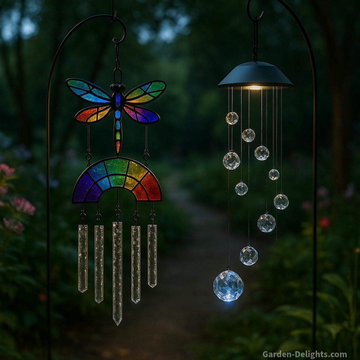 Stained-glass and crystal glass wind chimes hanging in a meditation garden with solar lighting symbolizing chakra energy flow, emotional healing, and artistic outdoor décor