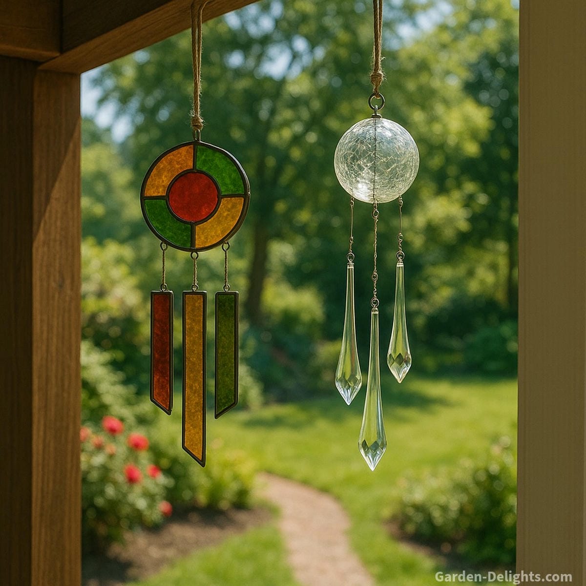 Handcrafted stained glass wind chimes and crystal prism chimes glowing in sunlight hanging on a peaceful garden porch, symbolizing emotional clarity, spiritual resonance, and eco-conscious artistry