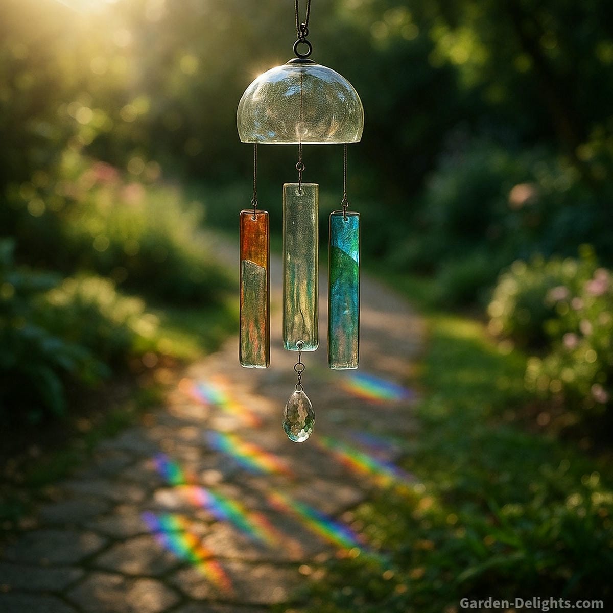glass wind chimes reflecting light