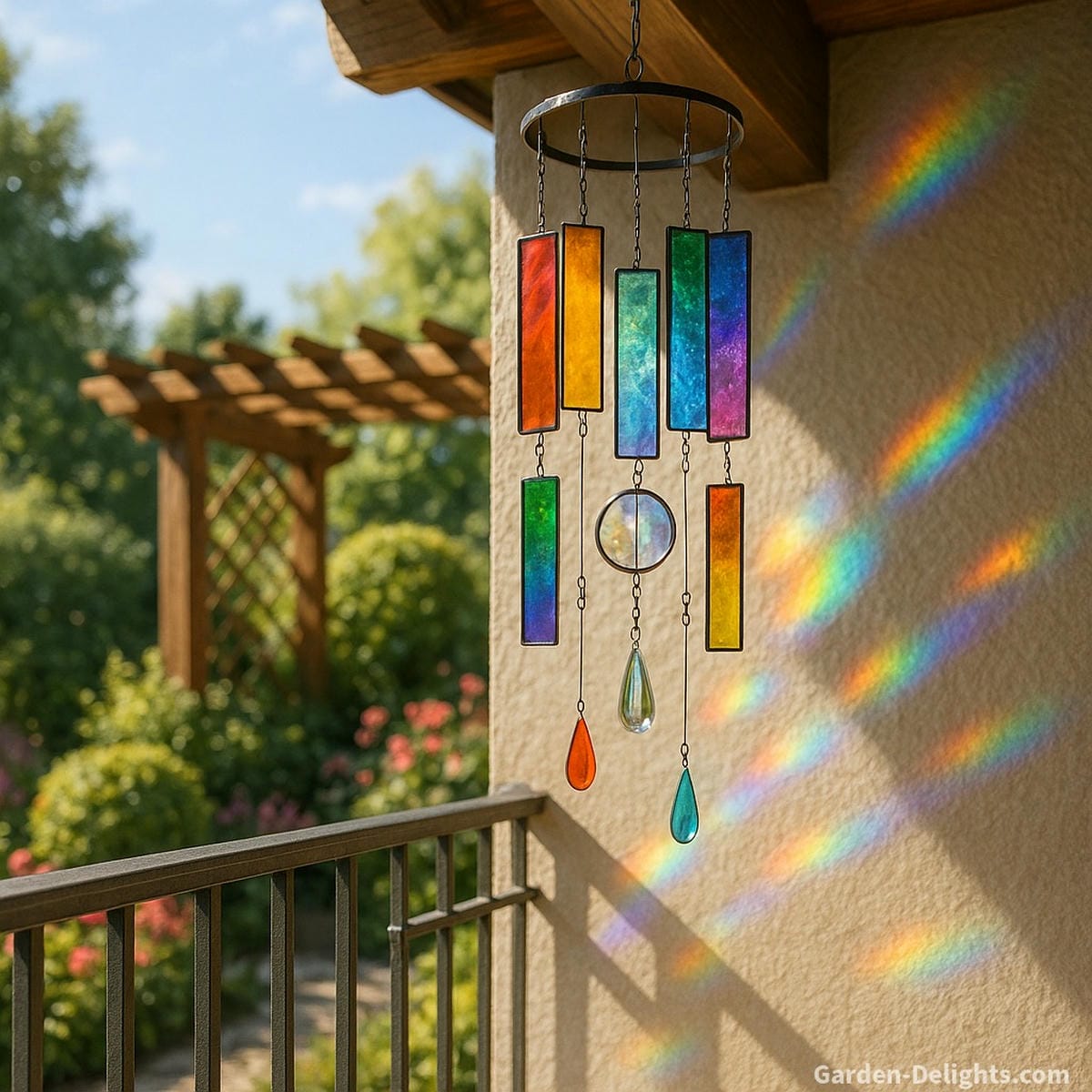 Stained glass wind chimes glowing in sunlight on a Feng Shui balcony and garden pergola casting rainbow reflections, enhancing Chi energy, and symbolizing peace, abundance, and emotional clarity