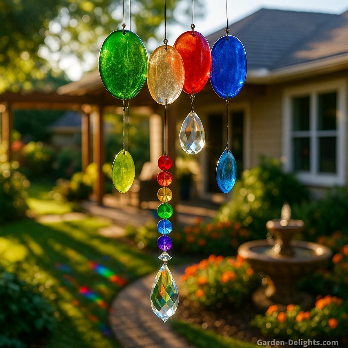Rainbow prism glass wind chimes hanging in a Feng Shui garden corner with sun-drenched light and reflective crystal chimes enhancing emotional healing, seasonal energy flow, and spiritual clarity for gifting and meditation