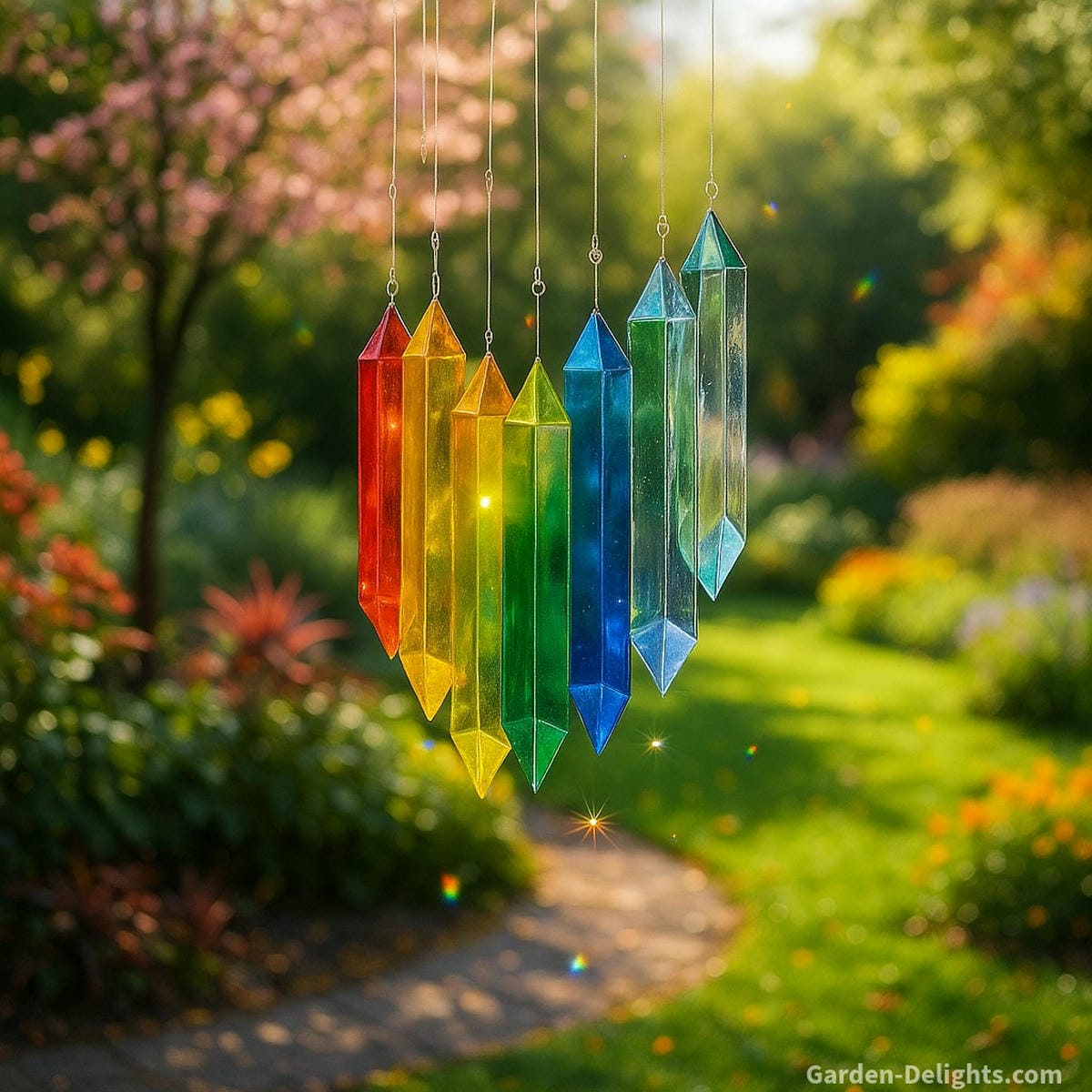 Rainbow prism glass wind chimes glowing in seasonal light symbolizing renewal, reflection, and emotional healing through color and tone