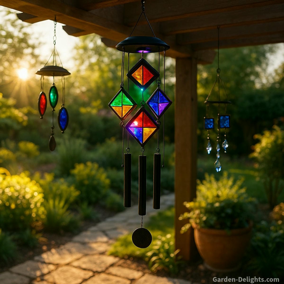Solar glass wind chimes with color-changing stained-glass pieces glowing in a sunlit patio garden symbolizing transformation, chakra energy balance, and sacred ambiance for memorials or spiritual décor