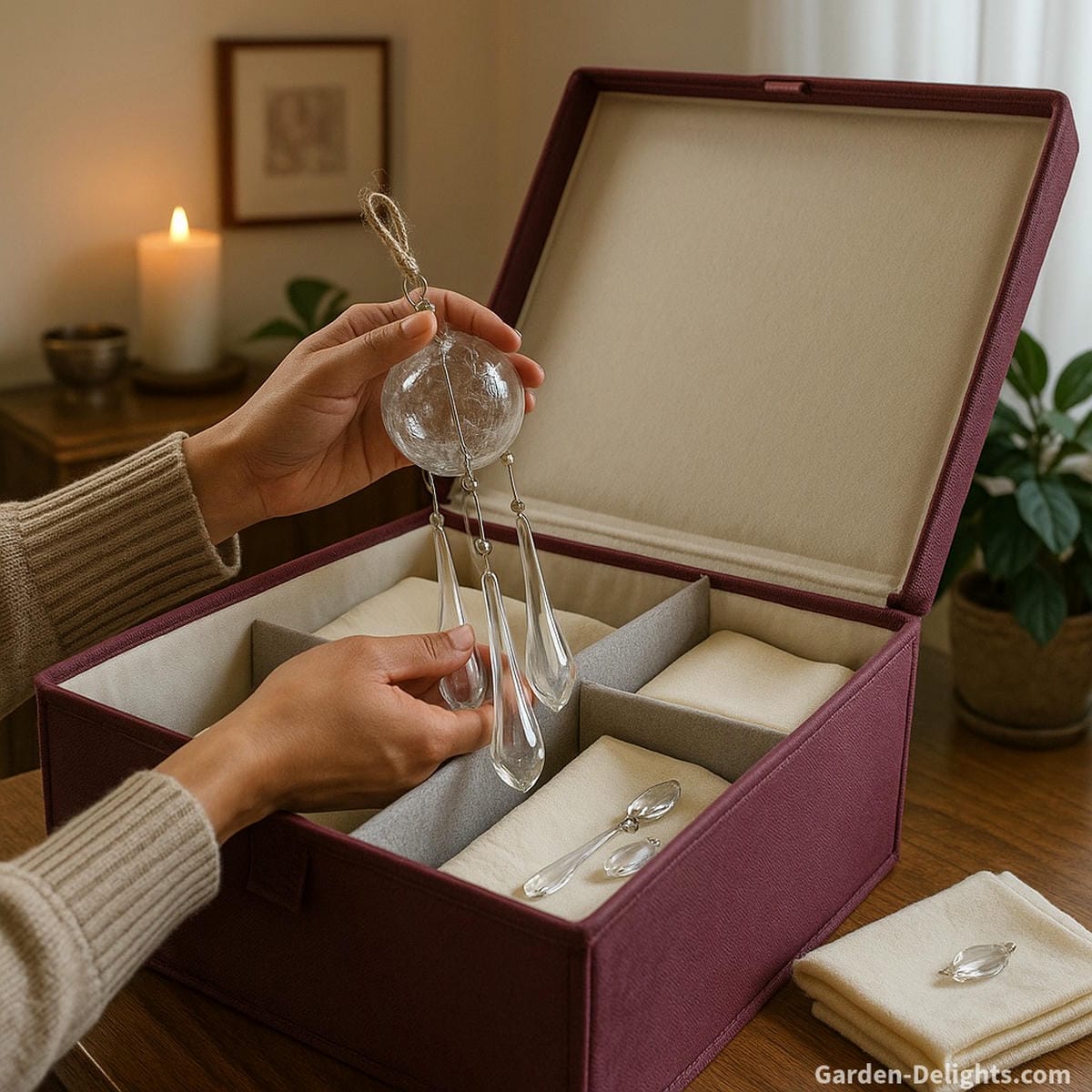 Safely storing glass wind chimes in padded seasonal storage soft cloth wraps, dividers, and crystal-safe containers preserving emotional resonance and light clarity in a spiritual home setting