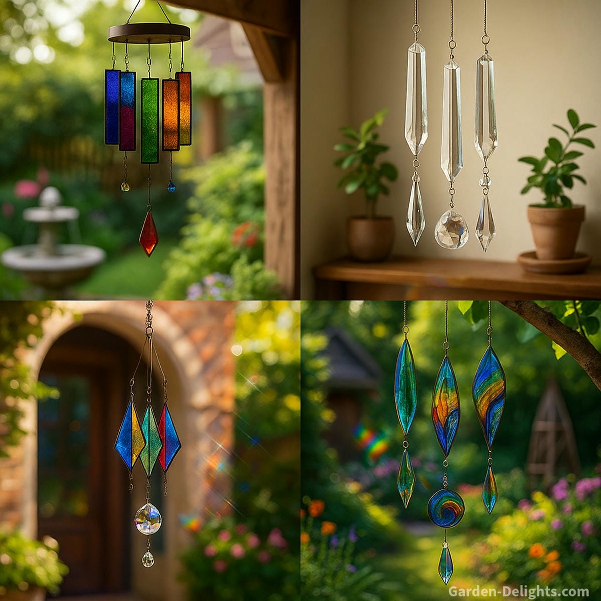 Four types of glass wind chimes hanging in symbolic settings stained glass on patios, crystal prisms in meditation rooms, rainbow prisms at entryways, and artistic fusion chimes in creative gardens showcasing sound, light, and symbolic meaning