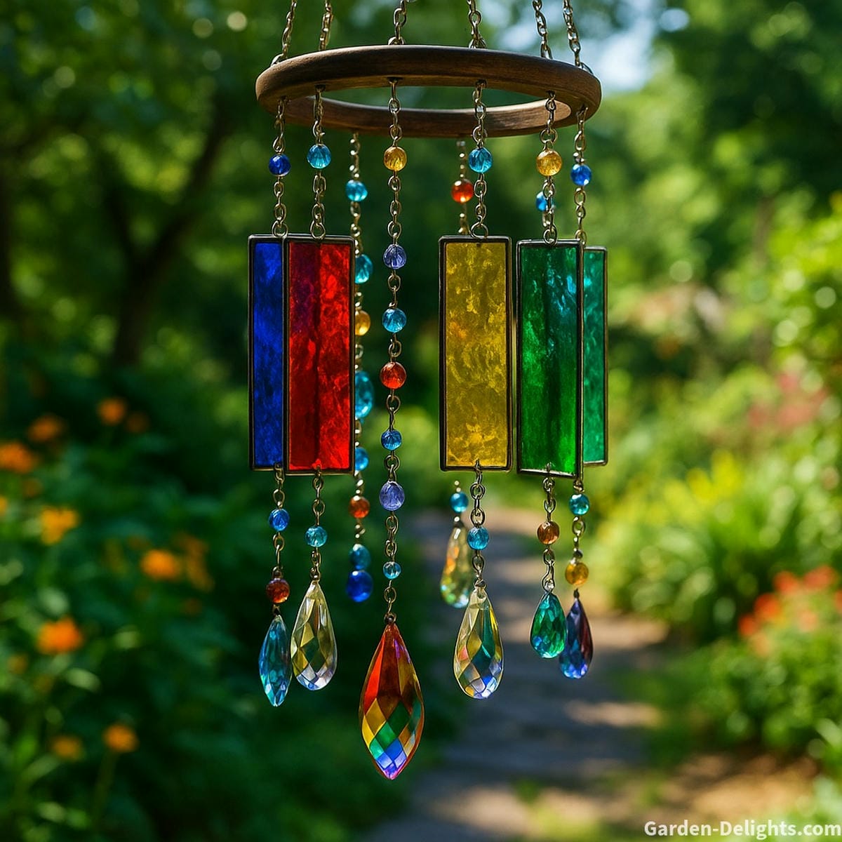 glass wind chimes with sunlight reflections