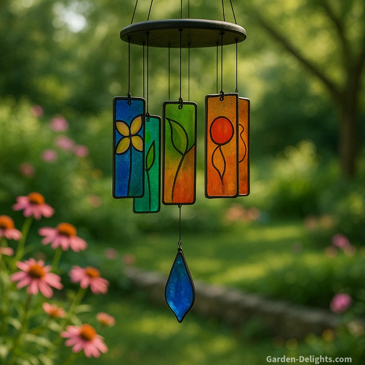Painted glass wind chimes hanging in a peaceful sanctuary garden with blooming flowers and soft breeze symbolizing artistic décor, memorial reflection, and calming outdoor sound