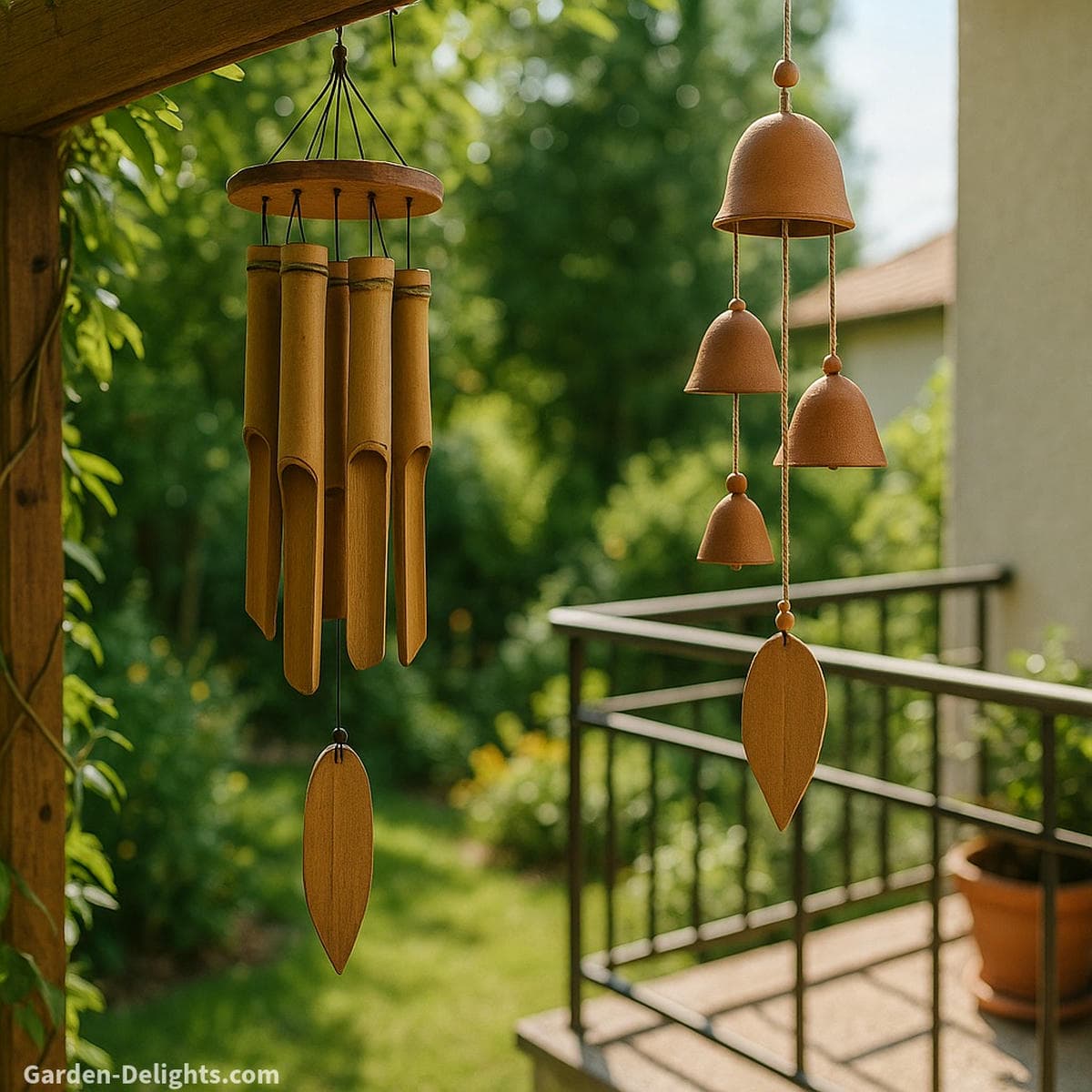 Bamboo and ceramic wind chimes swaying in a tranquil garden and balcony setting symbolizing Feng Shui harmony, sound healing, and natural balance through warm wood tones and handcrafted clay resonance.