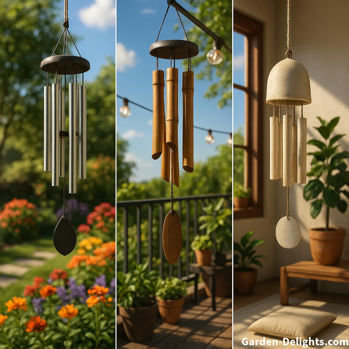 Weather-resistant aluminum, bamboo, and ceramic wind chimes displayed across a sunny backyard garden, coastal balcony, and indoor meditation space showcasing durable design, soothing resonance, and Feng Shui balance for every climate.
