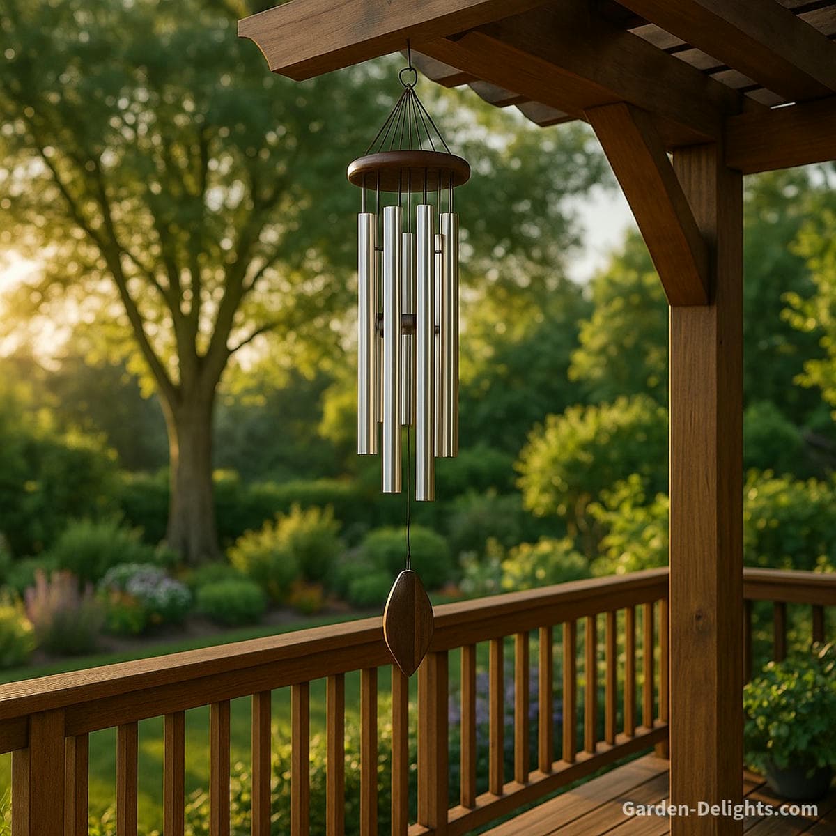 Polished aluminum wind chime hanging from a wooden pergola on a serene backyard deck facing the West symbolizing Feng Shui direction, Chi alignment, and Metal Element energy for creative flow and supportive relationships