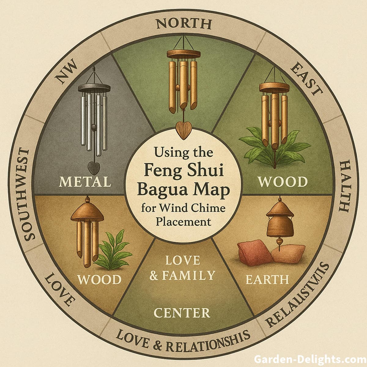 Circular Feng Shui Bagua map illustrating ideal wind chime placement by direction, element, and Chi energy showing Metal in the West for creativity, Wood in the East for growth, and Earth in the Center for grounding balance.