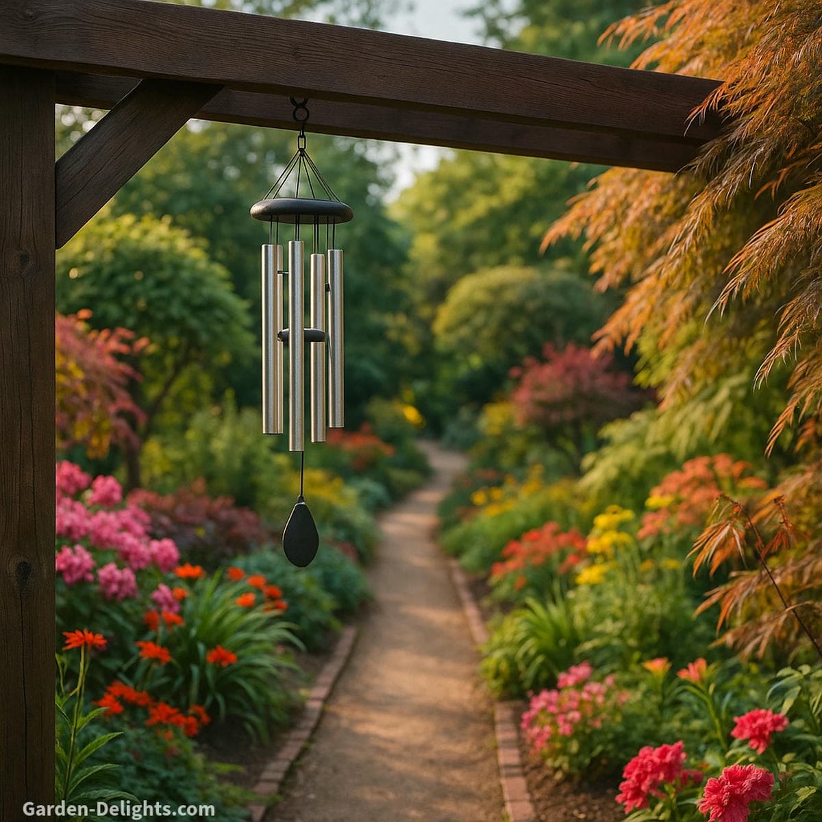 Single aluminum Feng Shui wind chime hanging from the edge of a wooden pergola beside a peaceful garden path symbolizing directional energy flow, Metal element protection, and outdoor Chi harmony for front entrance or Northwest career sectors