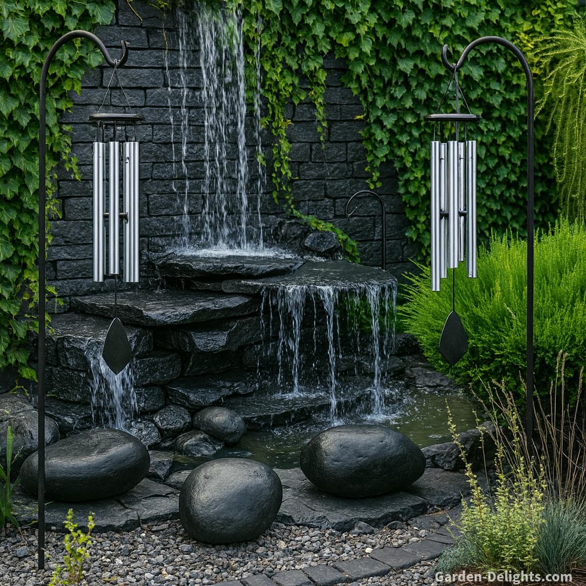 Two aluminum Feng Shui wind chimes hanging from black shepherd’s hooks beside a backyard waterfall symbolizing Chi balance, harmonious placement, and the emotional calm that comes from proper Feng Shui alignment.