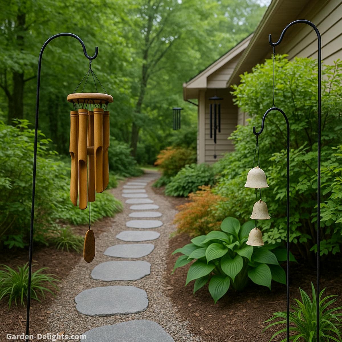 Bamboo, ceramic, and aluminum wind chimes hanging at ideal Feng Shui heights along a tranquil garden pathway symbolizing acoustic balance, Chi flow, and decorative harmony across natural, earthen, and metal elements