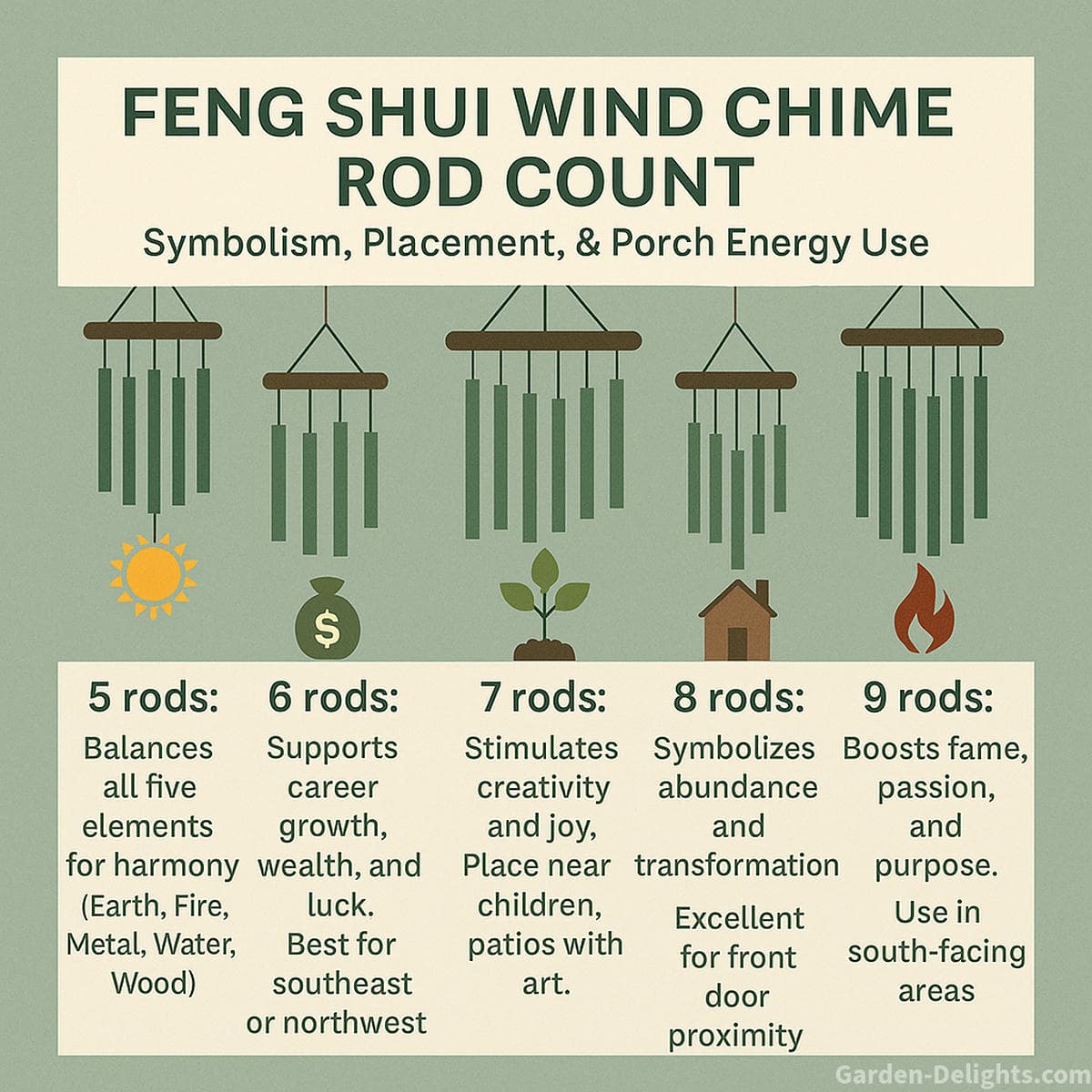 Illustrated display of Feng Shui wind chimes with 3, 5, 6, 8, and 9 rods, each representing a symbolic frequency from creativity and balance to prosperity and enlightenment aligned with Wood, Earth, Metal, and Fire elements for energy activation