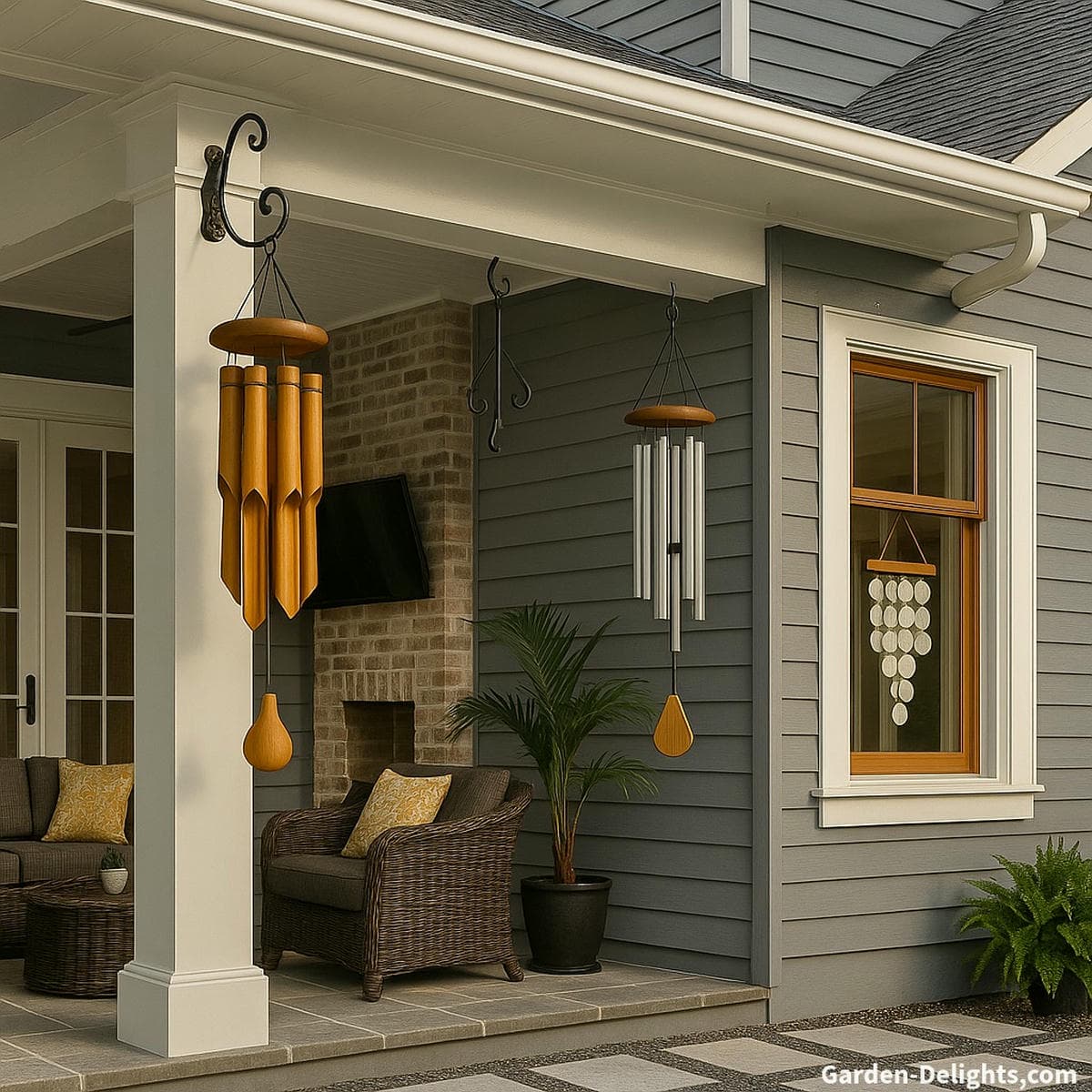 wind chimes hanging on patio and window
