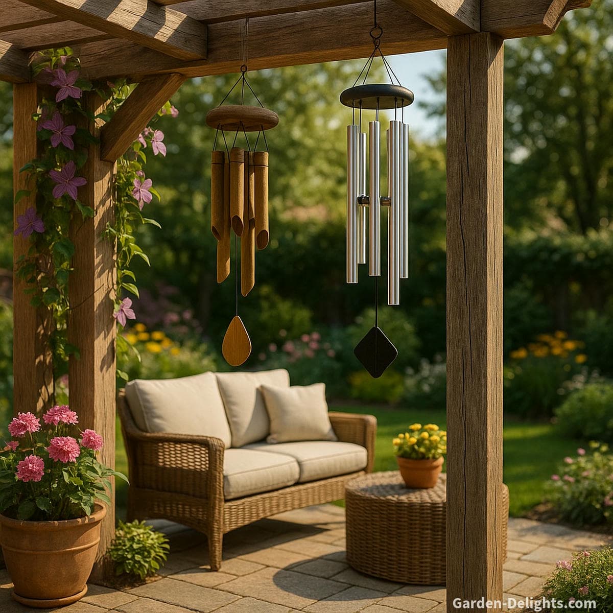 Bamboo and aluminum wind chimes hanging from a wooden pergola beside patio seating and flowering vines symbolizing Feng Shui balance, sound healing, and emotional serenity in outdoor spaces