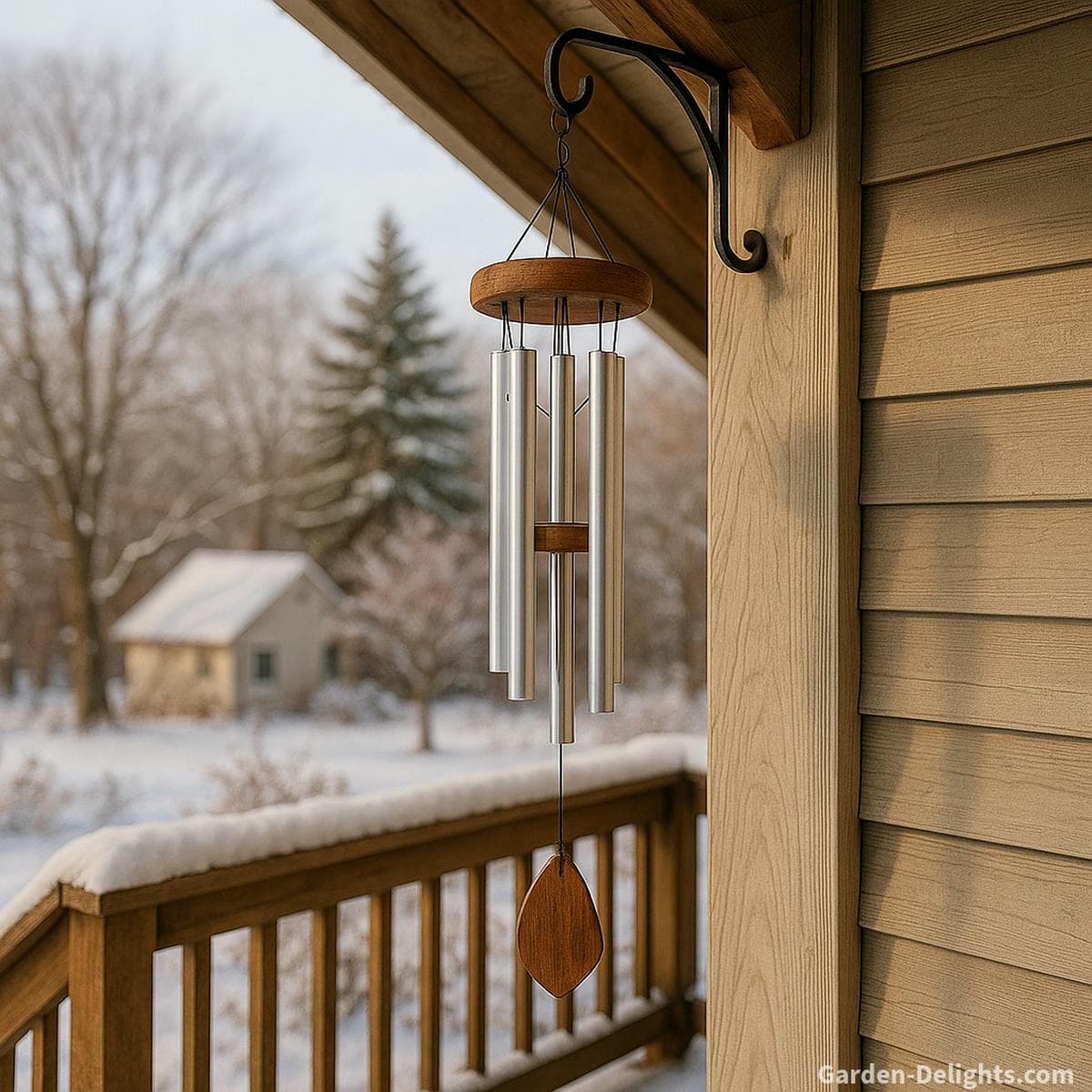 Single wind chime made of durable aluminum hanging from a wall-mounted hook on a cozy covered porch symbolizing seasonal rotation, Feng Shui balance, and acoustic harmony for all-weather wind chime care.
