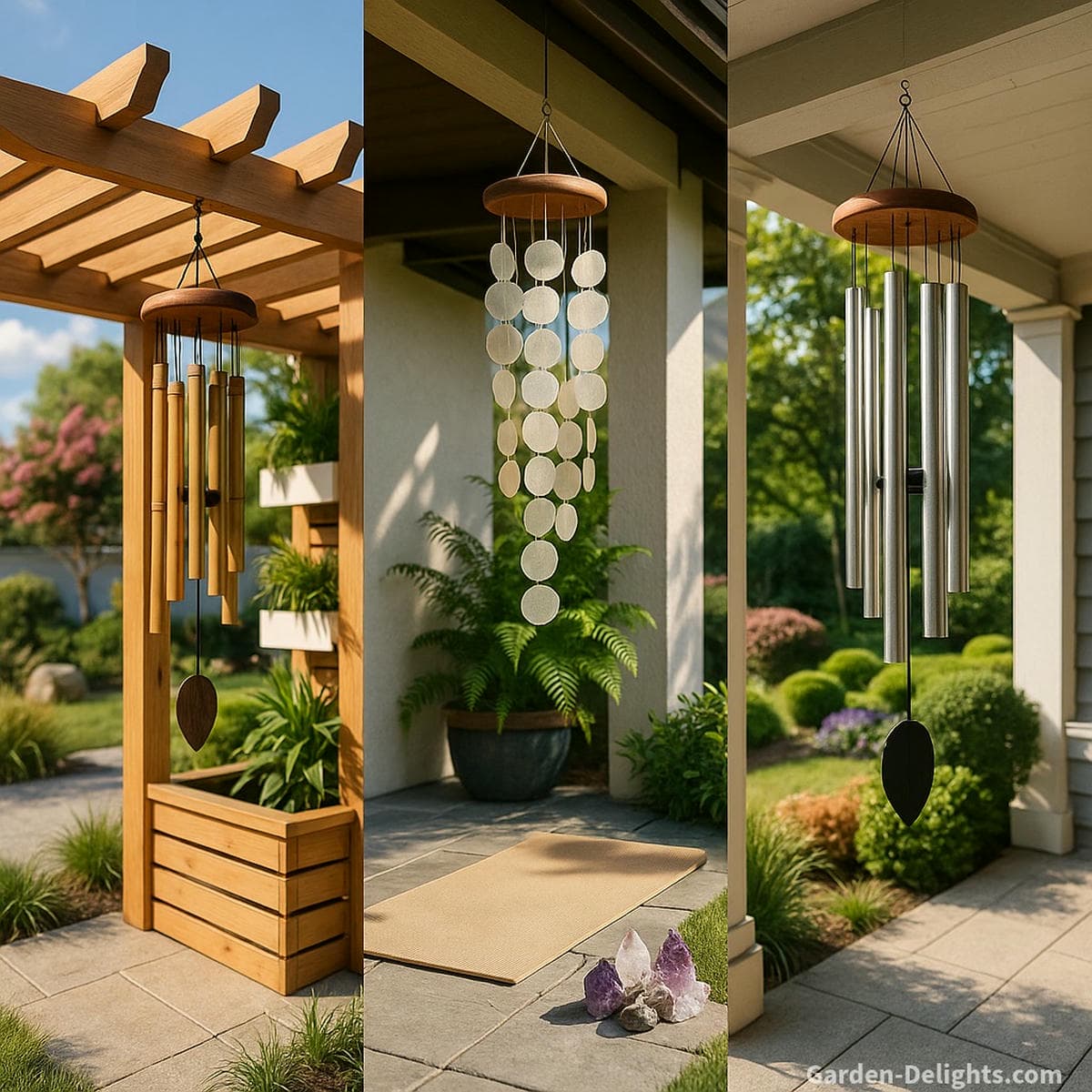 Wind chimes made of bamboo, aluminum, and Capiz placed in ideal positions on a sunny garden pergola, shaded porch corner, and beside a yoga nook with crystals showcasing Feng Shui alignment, Chi movement, and airflow clarity for sound healing