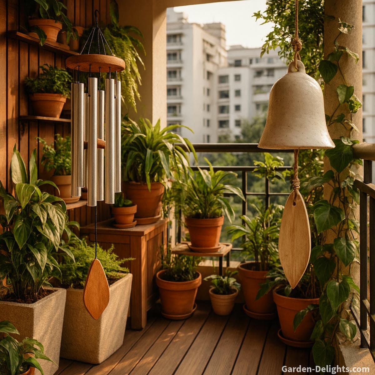 Aluminum and ceramic wind chimes hanging gracefully in a sunlit garden and balcony corner symbolizing sound clarity, elemental balance, and long-lasting durability in all-weather home décor.