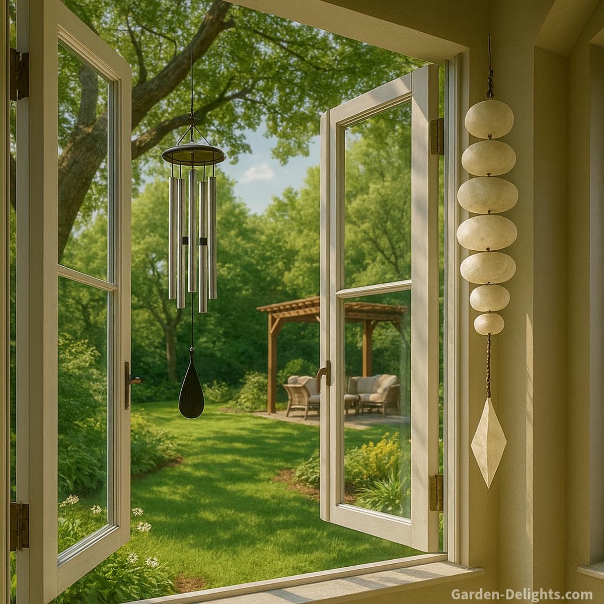 Ceramic and aluminum wind chimes in Feng Shui harmony ceramic chime hanging beside an open window overlooking a sunlit garden where an aluminum chime sways from a tree branch near a wooden pergola symbolizing indoor serenity, outdoor Chi flow, and acoustic balance through mindful hanging height