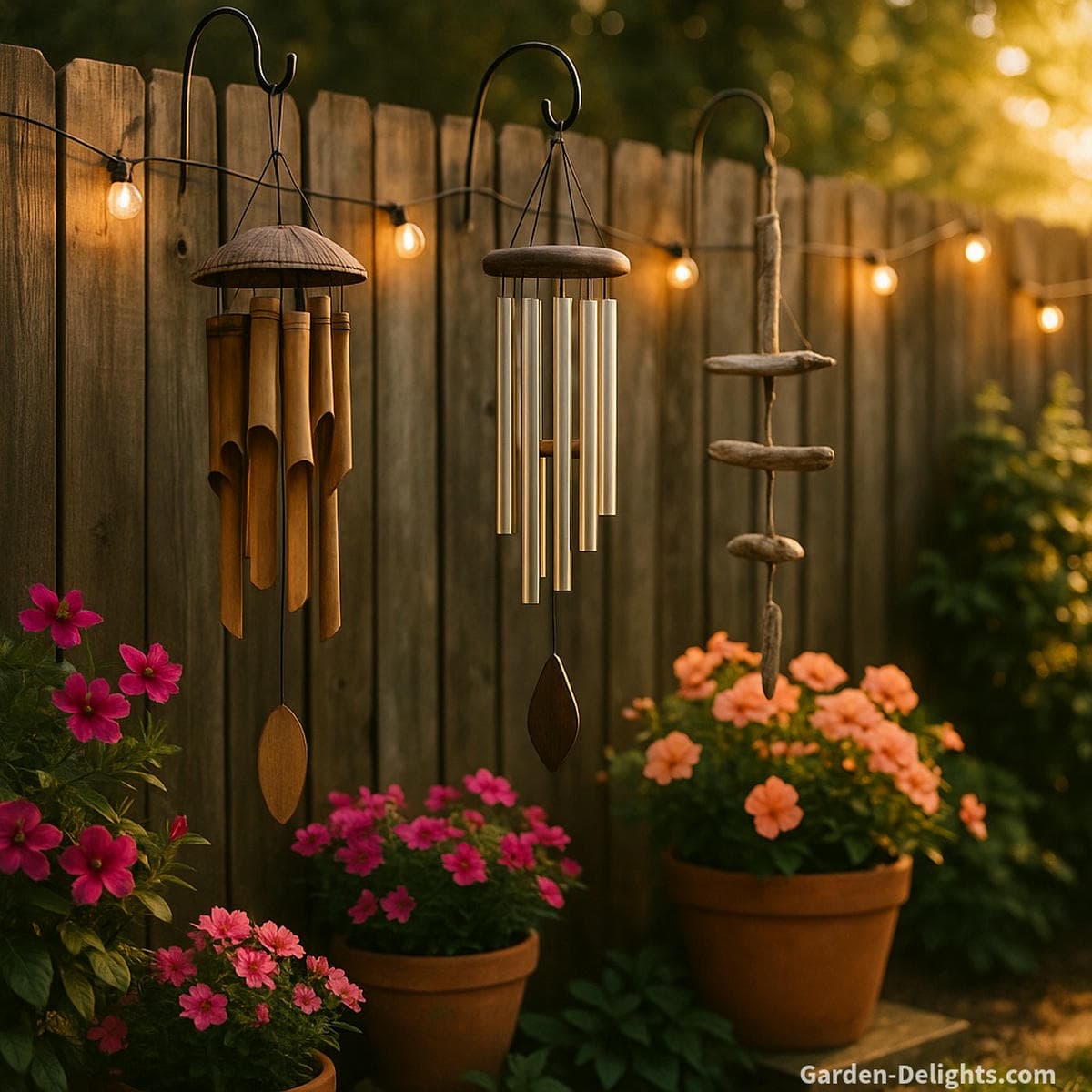 Bamboo, aluminum, and driftwood wind chimes hanging beside a wooden fence with potted flowers, string lights, and soft golden sunlight symbolizing Feng Shui harmony, outdoor design inspiration, and emotional acoustic beauty