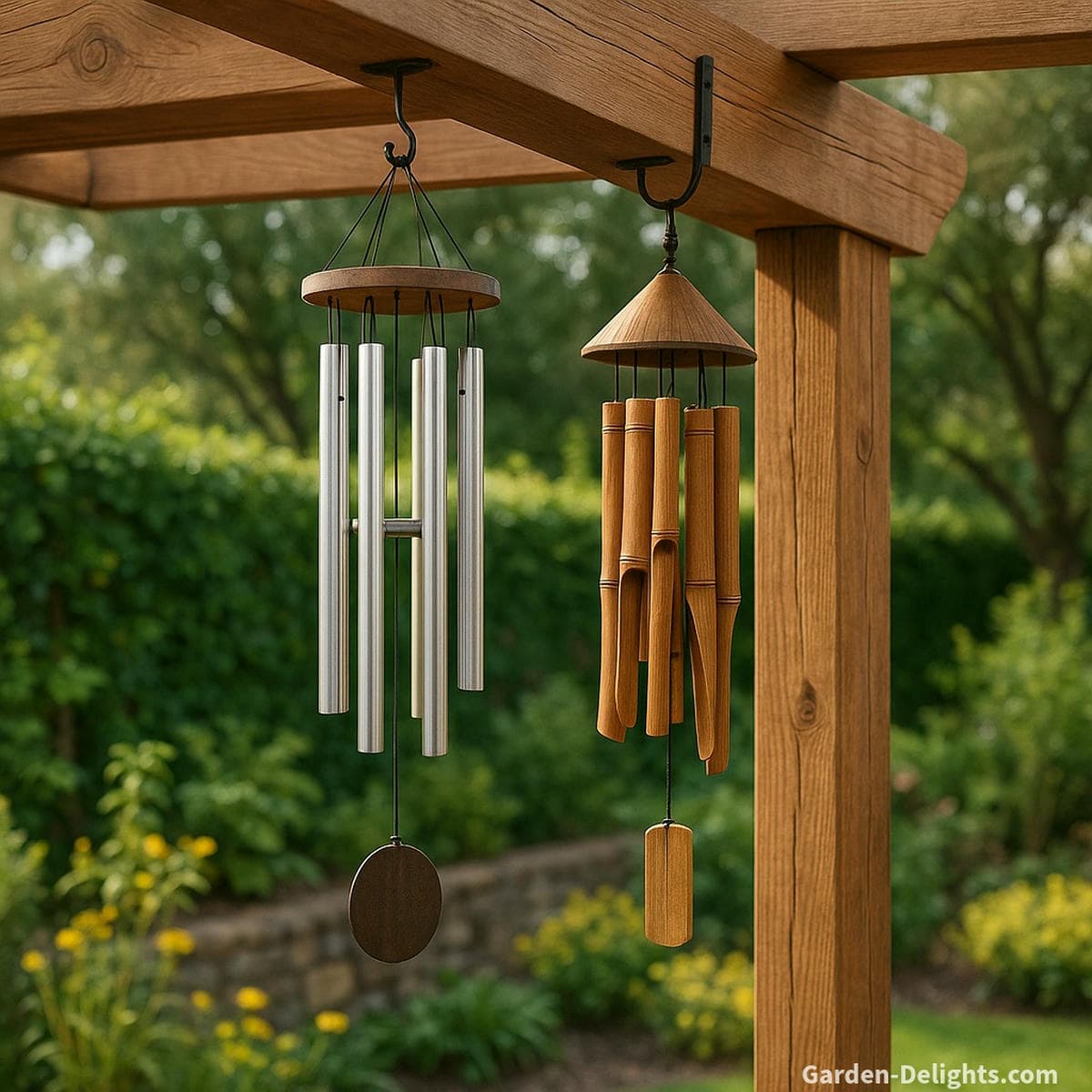 Steel and bamboo wind chimes mounted at proper clearance above a wooden patio beam, spaced evenly to allow Chi flow and echo clarity symbolizing structural support, sound balance, and Feng Shui energy alignment