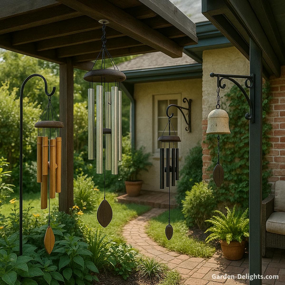 Wind chimes hung with proper clearance on ceiling hooks, shepherd’s hooks, and wall brackets across a serene garden patio illustrating Feng Shui energy flow, vibration balance, and tone clarity through mindful mounting.