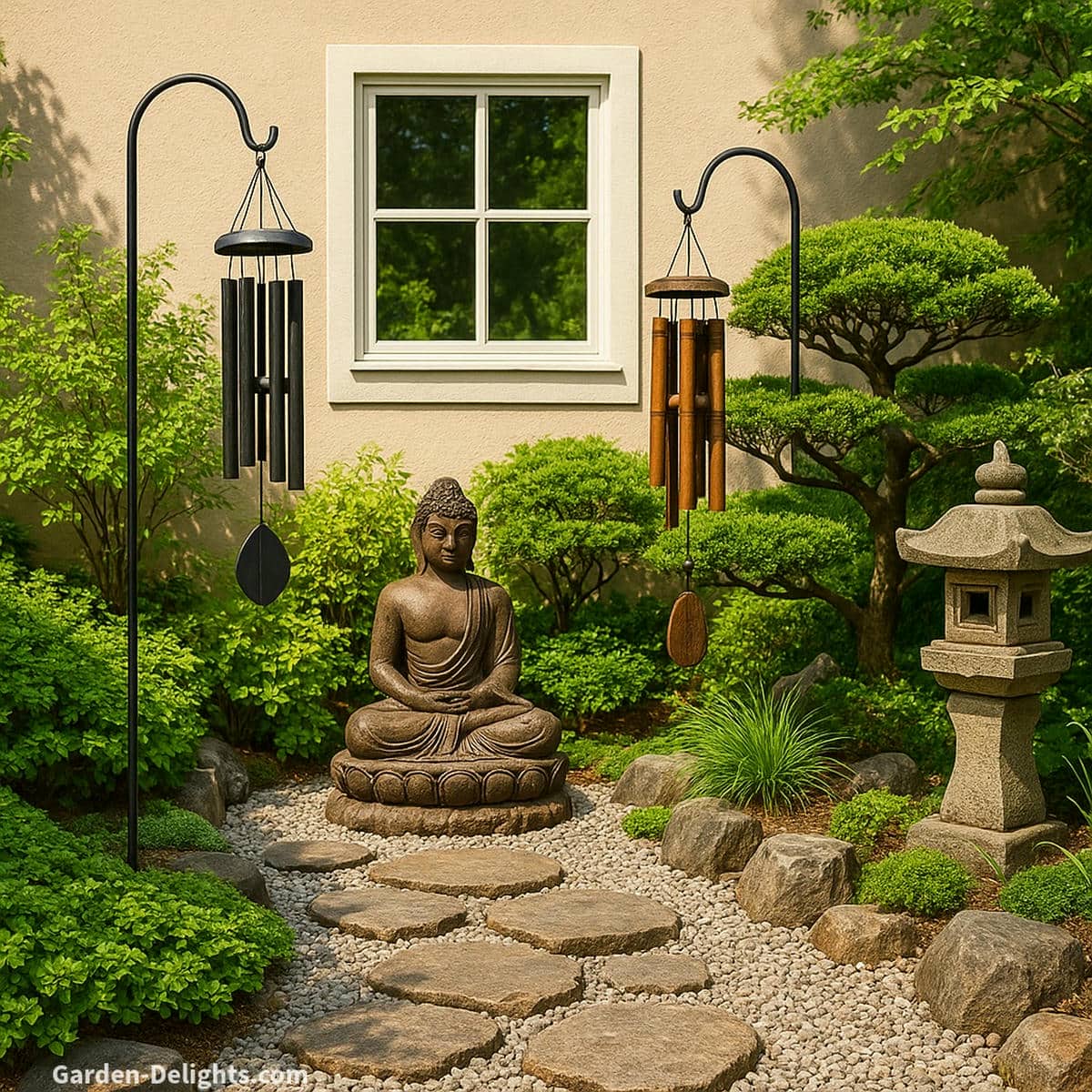 Metal and bamboo wind chimes hanging near a stone Zen path with Buddha statue, bonsai plants, and white pebbles symbolizing Feng Shui Chi energy alignment, peaceful sound flow, and balanced garden design harmony
