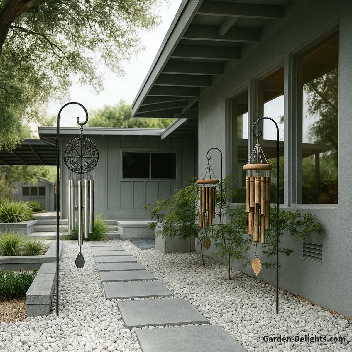 wind chimes placed along garden path