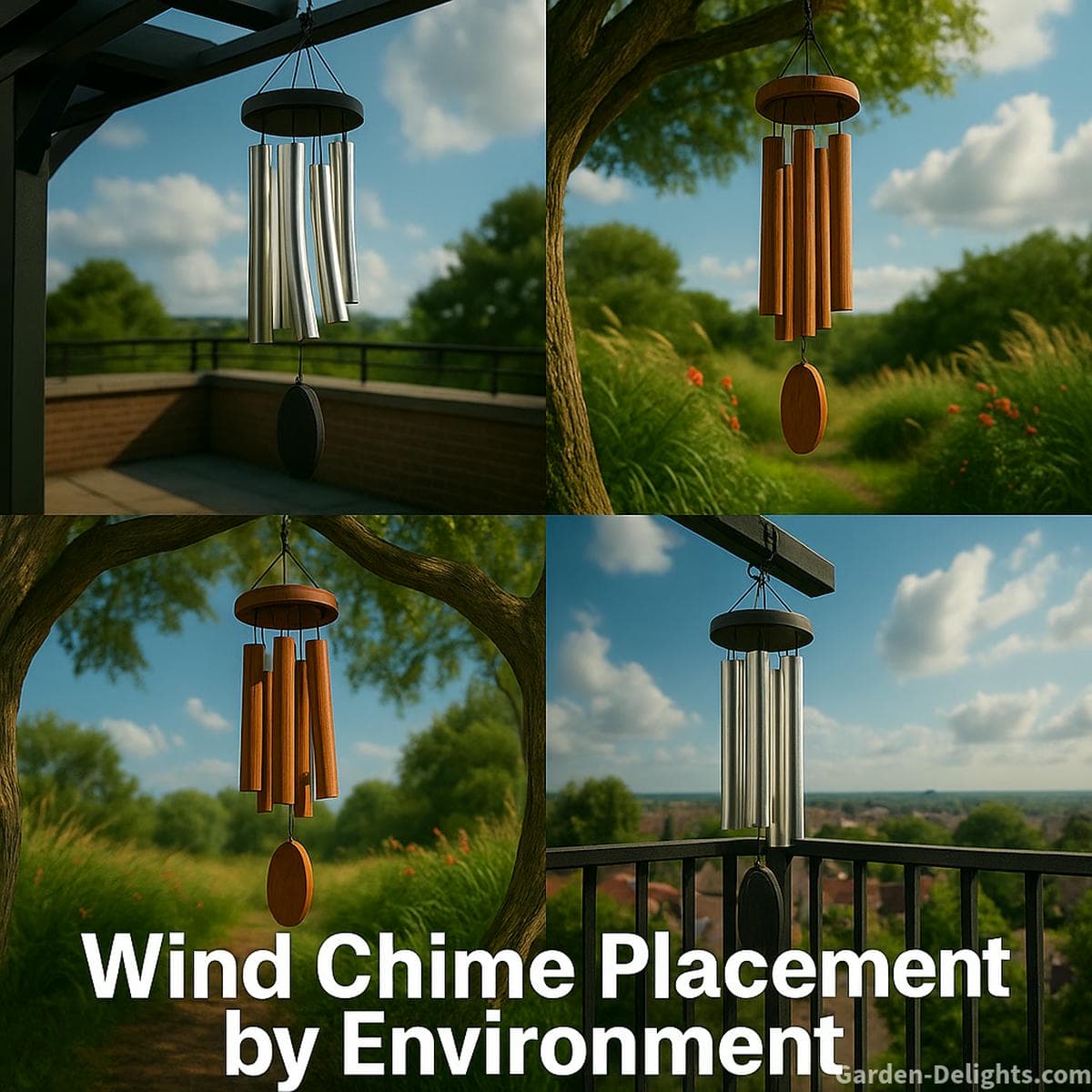 Aluminum and wooden wind chimes placed in rooftop, garden, and balcony environments symbolizing strength, balance, and Feng Shui harmony in high-wind outdoor spaces