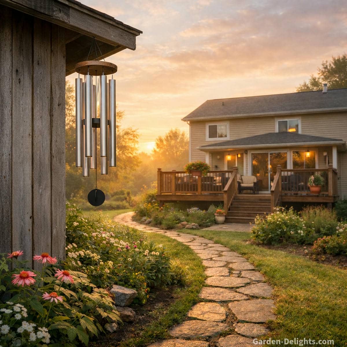 Aluminum wind chimes hanging from a small shed roof in a quiet backyard with a garden path leading toward a warm middle class home where soft airflow shapes clear tone calm energy and mindful emotional clarity