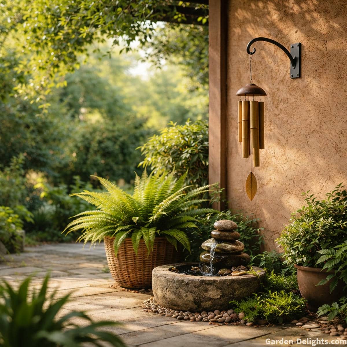 Bamboo wind chime hanging beside ferns and a small Zen fountain on a sunlit patio where gentle airflow supports grounding energy and natural emotional balance
