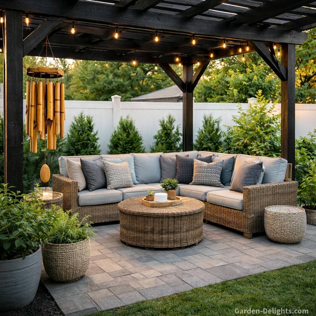 Bamboo healing wind chimes hanging from a black pergola beside wicker patio furniture with blue cushions and grey pillows on a dark grey stone patio where soft evening light and gentle airflow support grounding energy Feng Shui harmony and natural emotional calm