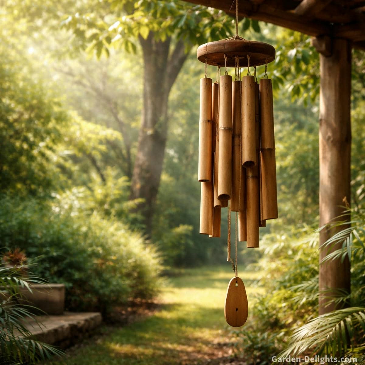 Bamboo wind chimes hanging in a peaceful garden with soft sunlight and gentle airflow showing natural tone changes in different weather conditions