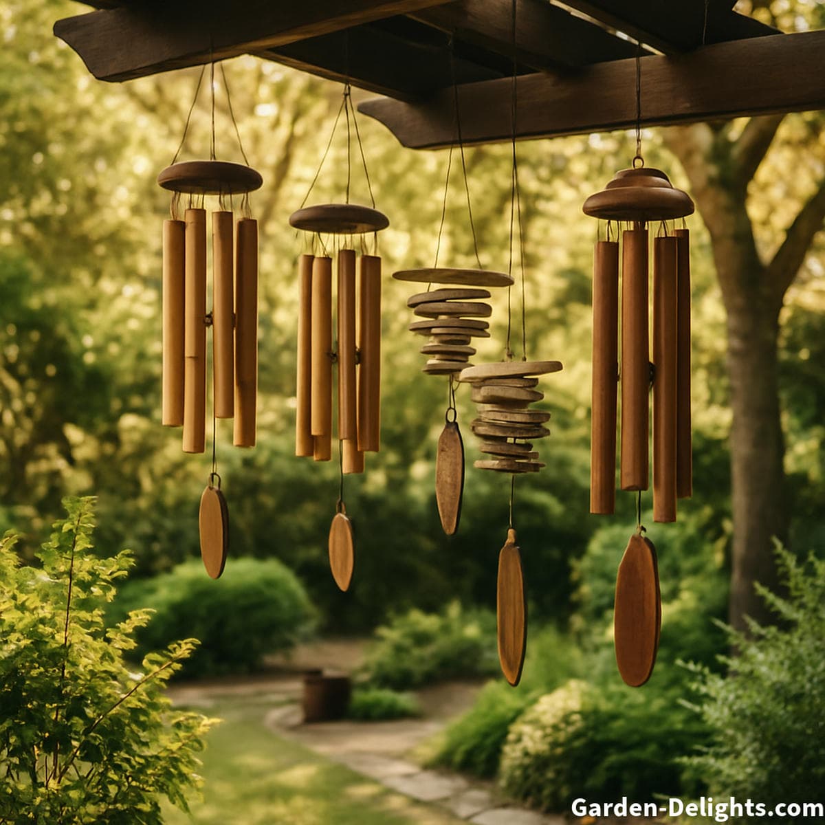 Bamboo and wooden healing wind chimes hanging from a pergola in a tranquil garden with sunlight filtering through trees and soft natural airflow