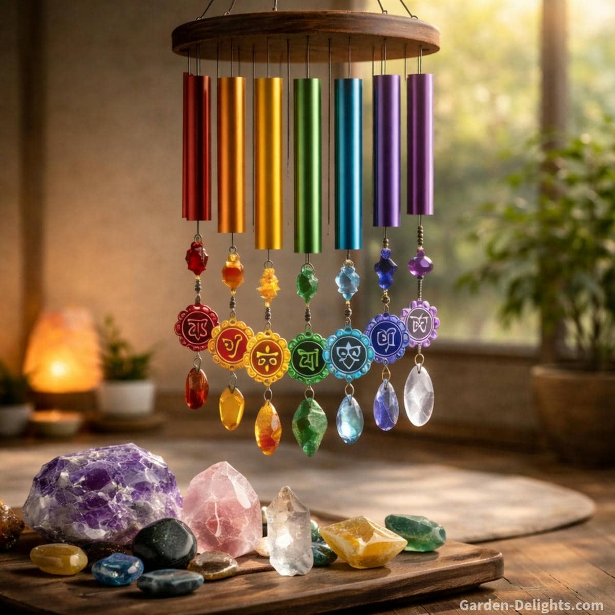 Seven chakra wind chimes paired with crystals such as amethyst rose quartz citrine and clear quartz showing how tone color and gemstone resonance support chakra healing and emotional balance in meditation spaces