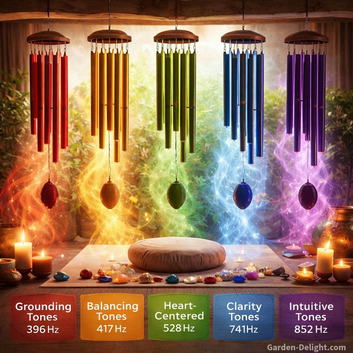 Healing wind chimes arranged by vibrational frequency showing grounding tones balancing tones heart centered tones clarity tones and intuitive tones in a calm meditation space