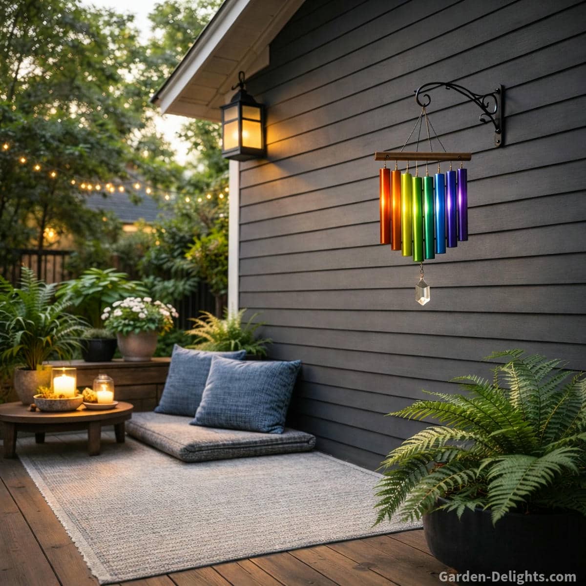 Chakra wind chimes hanging from a small decorative wall hook on a dark gray house with white trim overlooking a calm meditation deck with blue pillows candles ferns and warm evening light that supports mood healing grounding tone flow and emotional balance