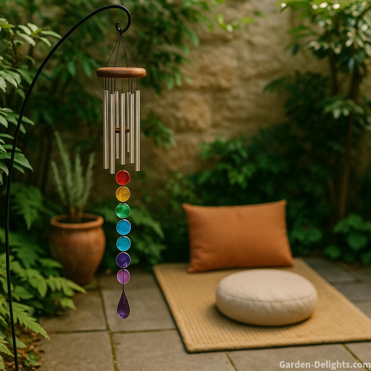 Chakra healing wind chimes with soft colored accents hanging near plants and cushions creating a peaceful family meditation space for emotional balance and sensory calm