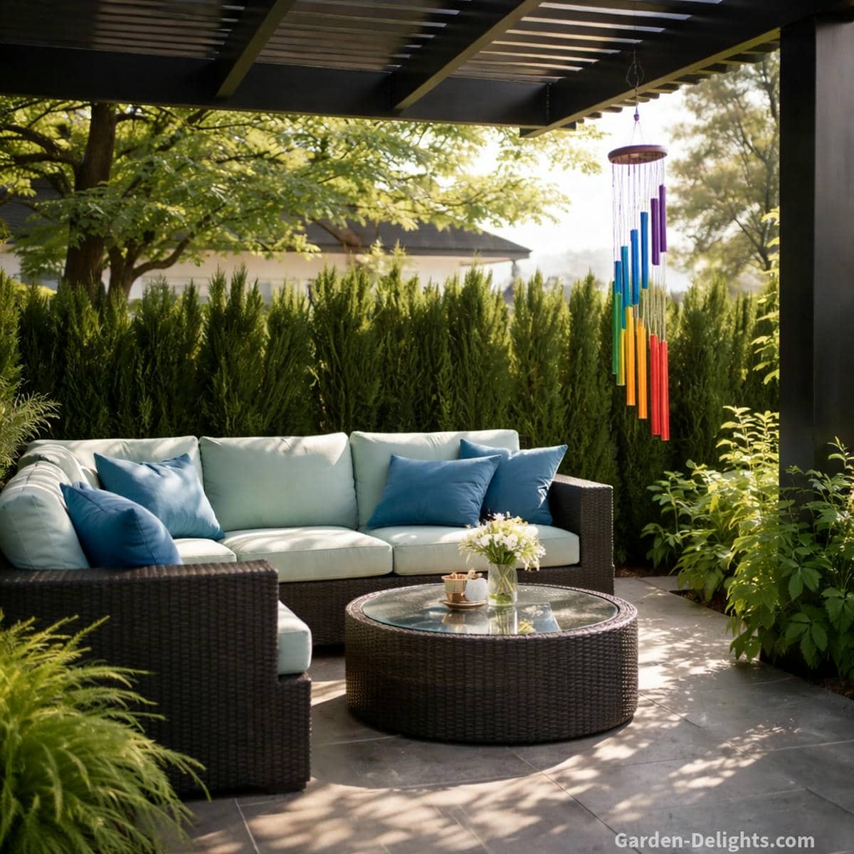 Chakra rainbow tube wind chimes hanging from a black pergola beam above a black wicker patio set with seafoam cushions and blue pillows where warm morning light creates healing energy flow aura cleansing and balanced Chi movement